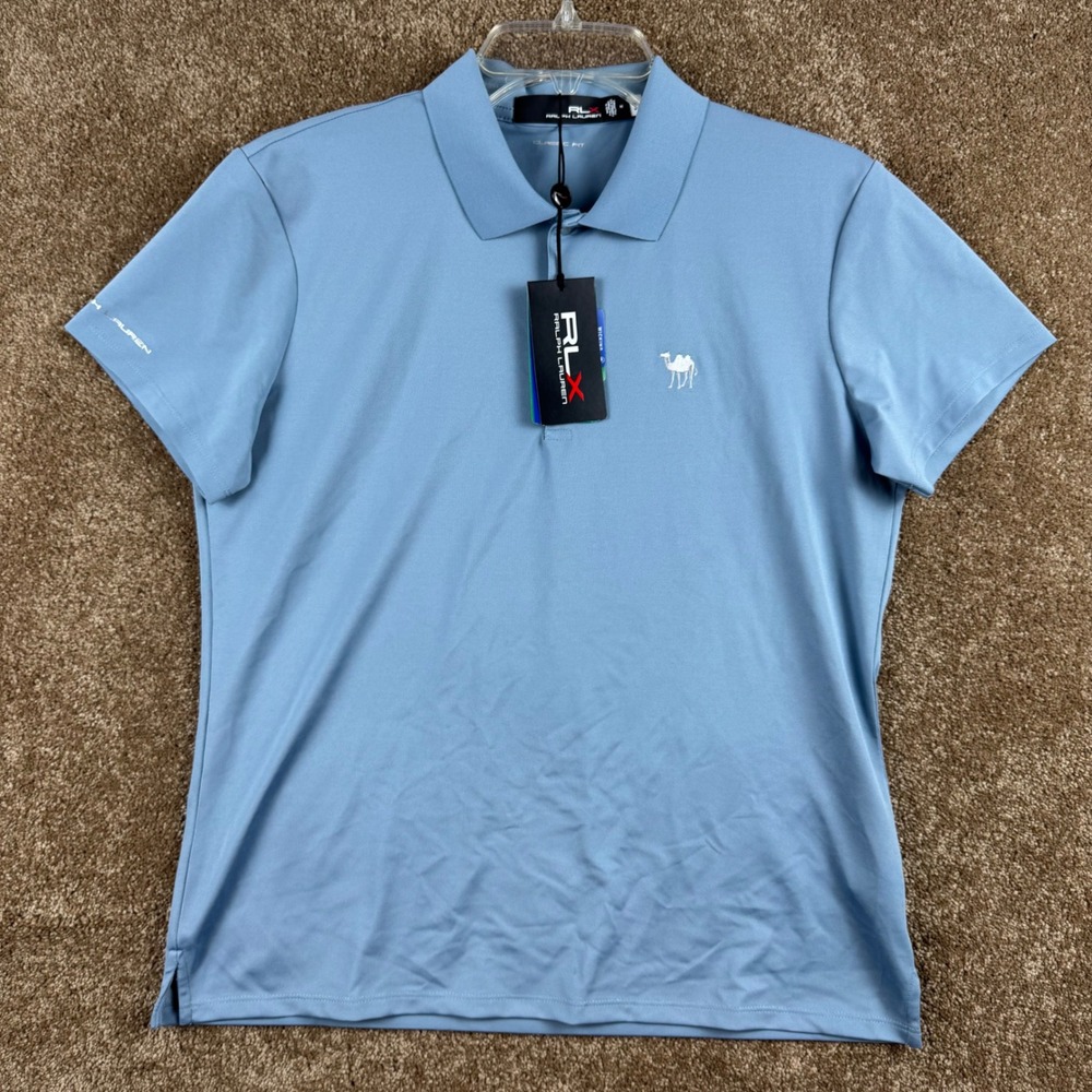 RLX Ralph Lauren Womens Blue Camel Logo Golf Polo Shirt Classic Fit Medium NWT